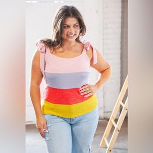 141 PLUS Sugarfox Waffle Knit Shoulder Tie Strap Color Block Fitted Tank Top